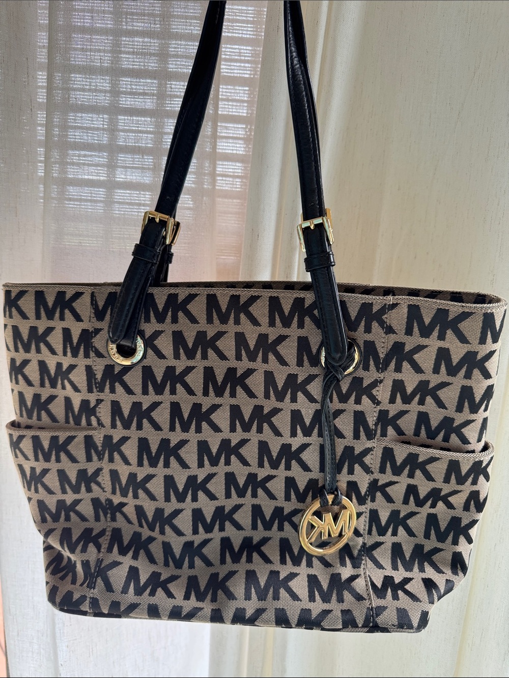 Michael Kors Brown MK Monogram Tote with Black Handles